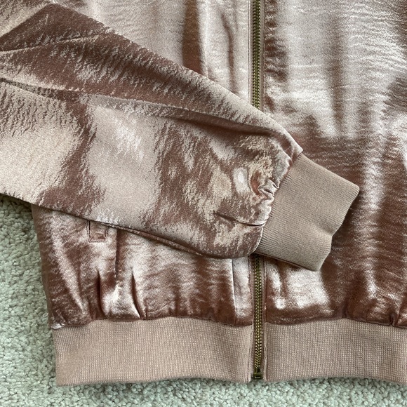 Tone It Up Bomber Jacket Small Rose Gold Satin Pink Embroidery TIU Like NEW - Picture 9 of 14